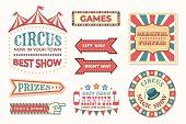 Circus vintage banner. Carnival retro signs. Collection of stylized pointers. Signboards and posters for festival. Old-fashioned billboards for fair cafe and festive show, vector set