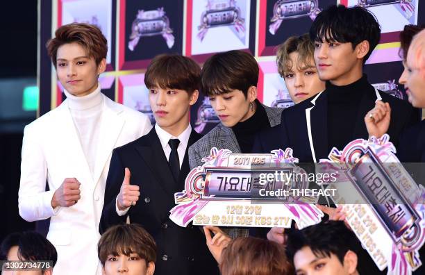 Jun, Dino, S.Coups, Vernon, Mingyu of SEVENTEEN attend the 2017 KBS Song Festival at KBS Hall on December 29, 2017 in Seoul, South Korea.