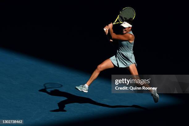 Jennifer Brady of the United States plays a backhand in her Women’s Singles Semifinals match against Karolina Muchova of the Czech Republic during...