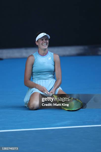 Jennifer Brady of the United States reacts in her Women’s Singles Semifinals match against Karolina Muchova of the Czech Republic during day 11 of...