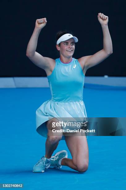 Jennifer Brady of the United States celebrates victory in her Women’s Singles Semifinals match against Karolina Muchova of the Czech Republic during...
