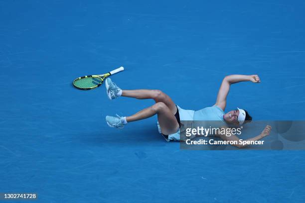 Jennifer Brady of the United States celebrates victory in her Women’s Singles Semifinals match against Karolina Muchova of the Czech Republic during...