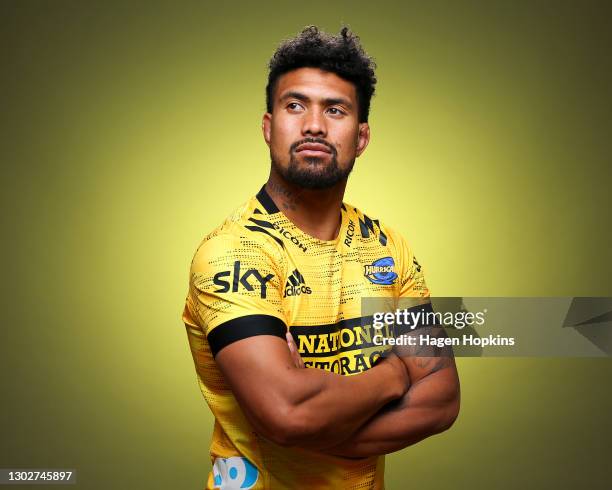 Ardie Savea poses during the Hurricanes 2021 Super Rugby Aotearoa team headshots session on February 18, 2021 in Wellington, New Zealand.