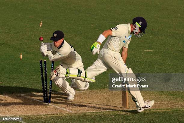 Daniel Hughes of the Blues makes it back to the crease as Seb Gotch of Victoria hits the wicket1during day two of the Sheffield Shield match between...