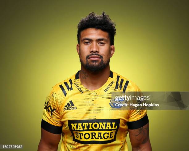 Ardie Savea poses during the Hurricanes 2021 Super Rugby Aotearoa team headshots session on February 18, 2021 in Wellington, New Zealand.