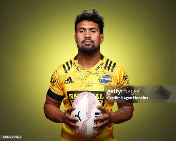 Ardie Savea poses during the Hurricanes 2021 Super Rugby Aotearoa team headshots session on February 18, 2021 in Wellington, New Zealand.