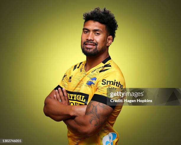 Ardie Savea poses during the Hurricanes 2021 Super Rugby Aotearoa team headshots session on February 18, 2021 in Wellington, New Zealand.