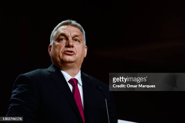 The Prime Minister of Hungary, Viktor Orban speaks at the press conference during the 30th Anniversary of the Visegrad group on February 17, 2021 in...