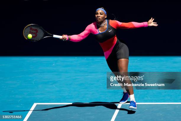 Serena Williams of the United States plays a forehand in her Women’s Singles Semifinals match against Naomi Osaka of Japan during day 11 of the 2021...