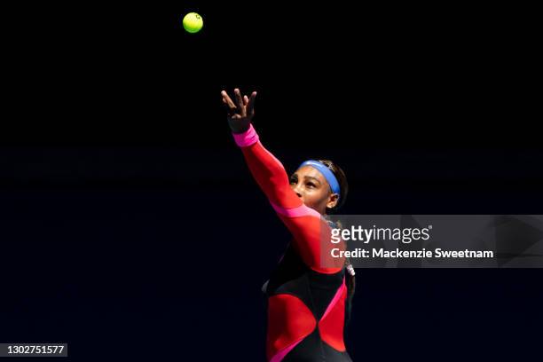 Serena Williams of the United States serves in her Women’s Singles Semifinals match against Naomi Osaka of Japan during day 11 of the 2021 Australian...