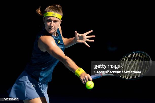 Karolina Muchova of the Czech Republic plays a backhand in her Women’s Singles Semifinals match against Jennifer Brady of the United States during...