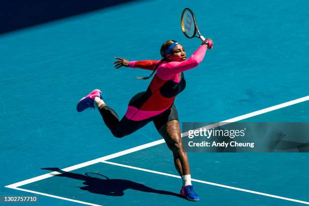 Serena Williams of the United States plays a forehand in her Women’s Singles Semifinals match against Naomi Osaka of Japan during day 11 of the 2021...