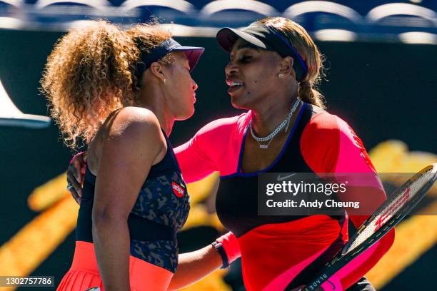 Naomi Osaka of Japan shakes hands with Serena Williams of the United States in their Women’s Singles Semifinals match during day 11 of the 2021...