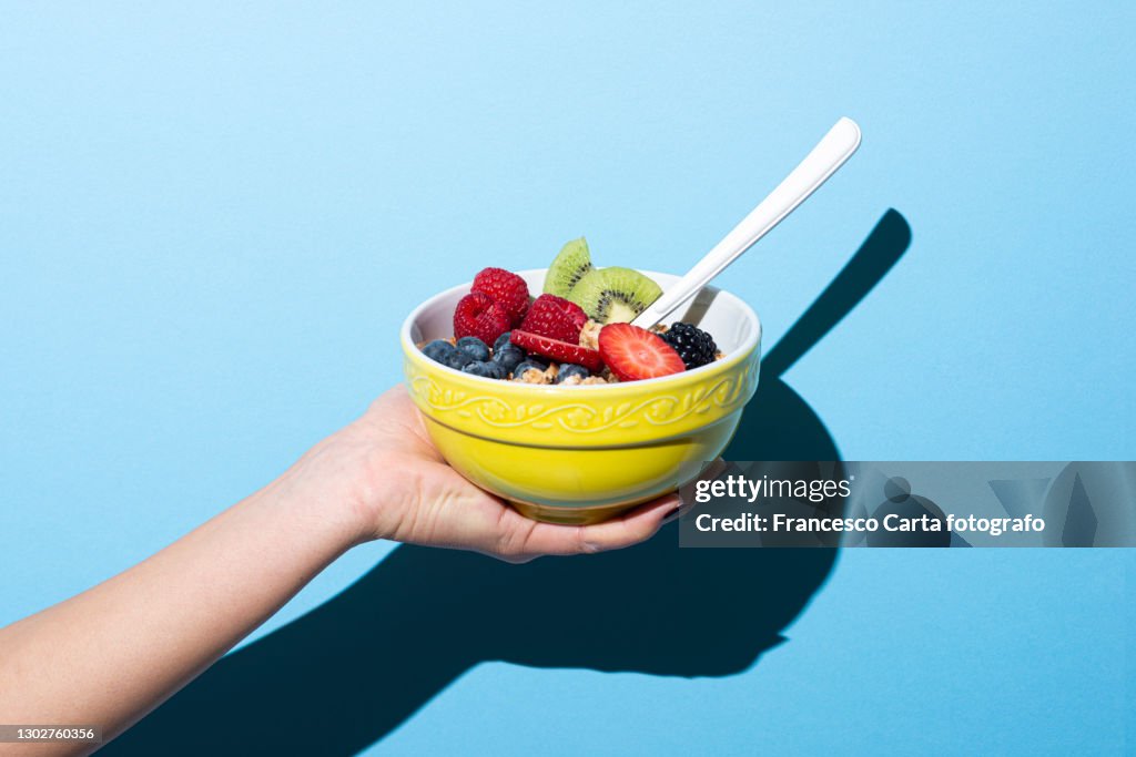 Woman's hand holding Bowl with muesli