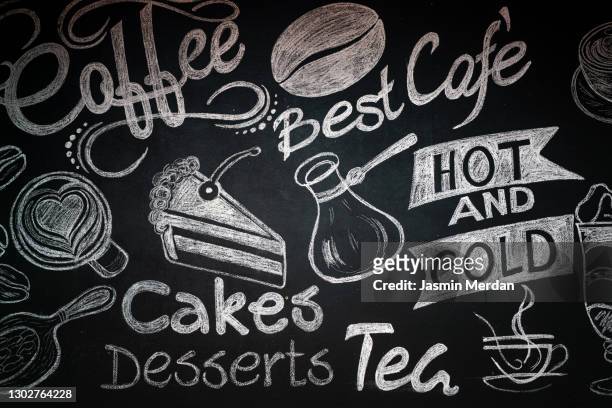 coffee handwriting chalk board wall - chalk wall stock pictures, royalty-free photos & images