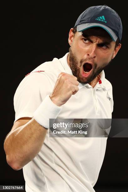 Aslan Karatsev of Russia celebrates a point in his Men’s Singles Semifinals match against Novak Djokovic of Serbia during day 11 of the 2021...