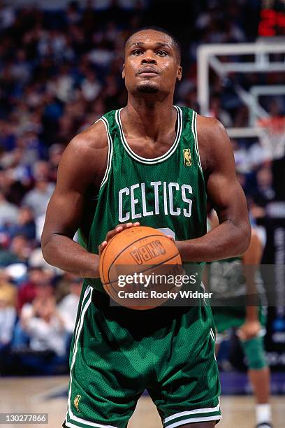 Antoine Walker of the Boston Celtics shoots a free-throw against the Sacramento Kings on December 28, 1996 at Arco Arena in Sacramento, California....