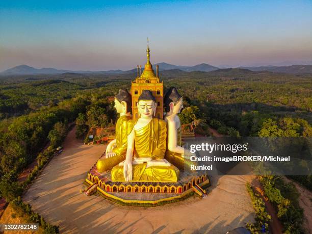 aerial of the huge sitting buddhas ko yin lay, pupawadoy monastery near ye, mon state, myanmar, ye, mon state, myanmar - buddha state stock pictures, royalty-free photos & images