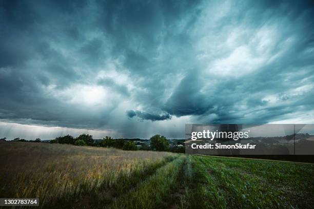 cloudscape over grasgebied - dramatische lucht stockfoto's en -beelden