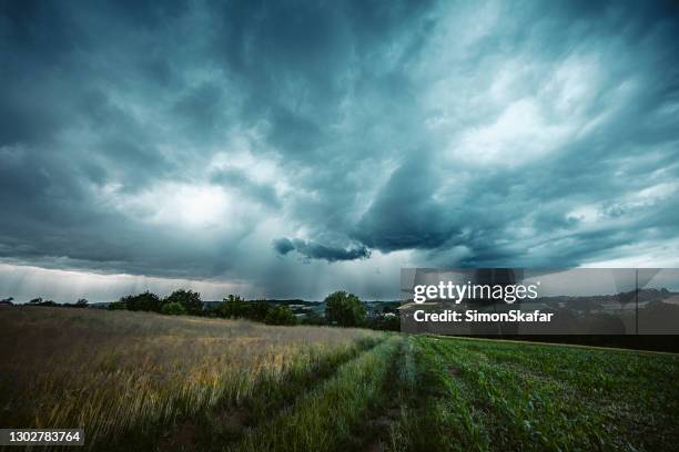 cloudscape over grass field - thunder storm stock pictures, royalty-free photos & images