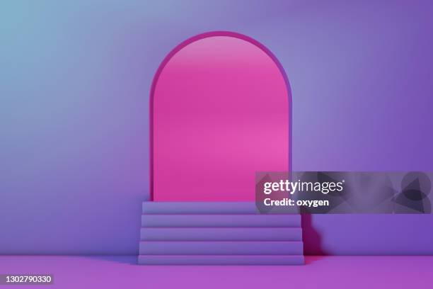 3d rendering pink arch gate and podiums steps violet background - arch 個照片及圖片檔