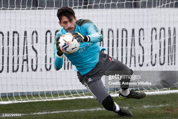 Diego Altube from Real Madrid in action at the Valdebebas training ground on February 18, 2021 in Madrid, Spain.