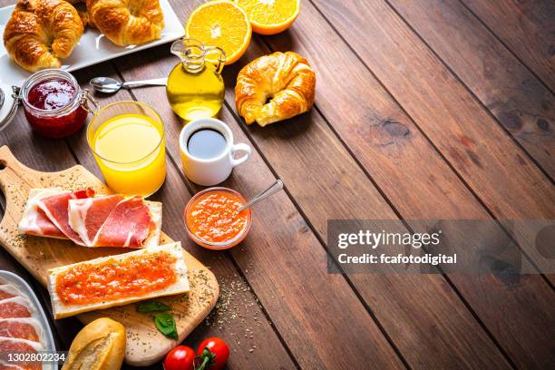 mediterranean breakfast on wooden table. high angle view - breakfast pastries stock pictures, royalty-free photos & images