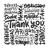 Thank you phrases in many languages. Thanks modern phrases handwritten vector calligraphy. Black ink brush paint and linear lettering collection isolated on white background. Postcard, greeting card.