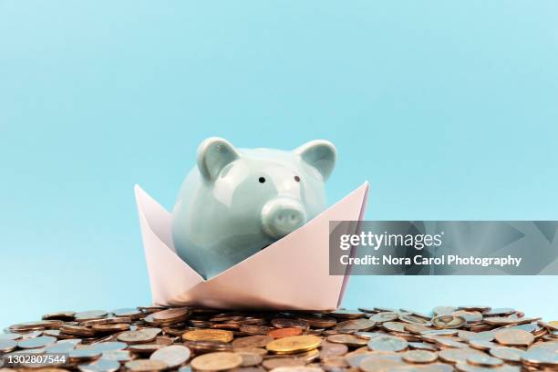 piggy bank on top of coins - manage invest stockfoto's en -beelden