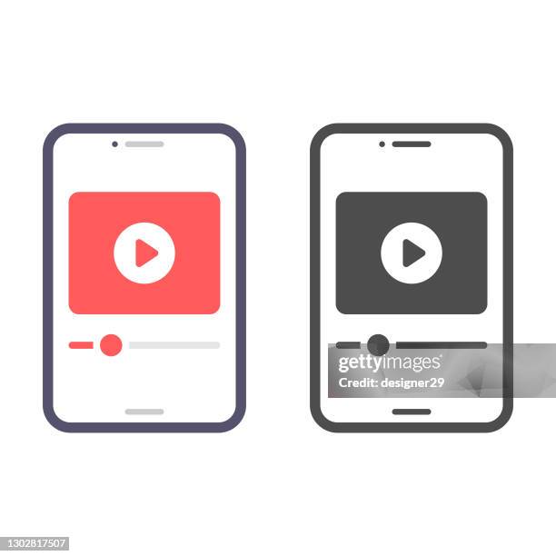 ilustraciones, imágenes clip art, dibujos animados e iconos de stock de pantalla del smartphone en el diseño vectorial icono del reproductor de vídeo. - mirar un objeto