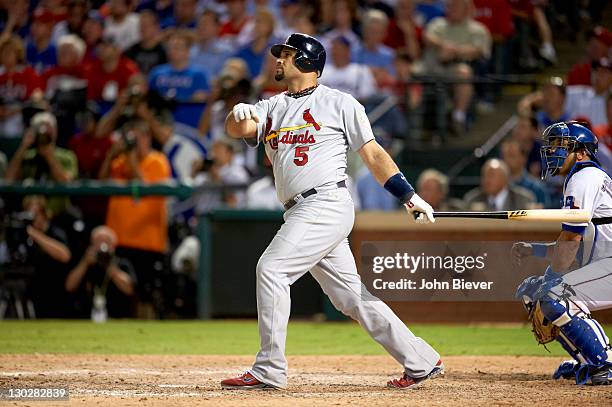 World Series: St. Louis Cardinals Albert Pujols in action, at bat, hitting home run vs Texas Rangers at Rangers Ballpark. Game 3. Arlington, TX...