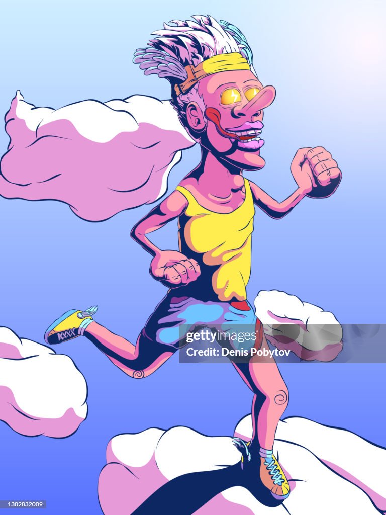 Funny cartoon illustration - Man runs through the clouds.