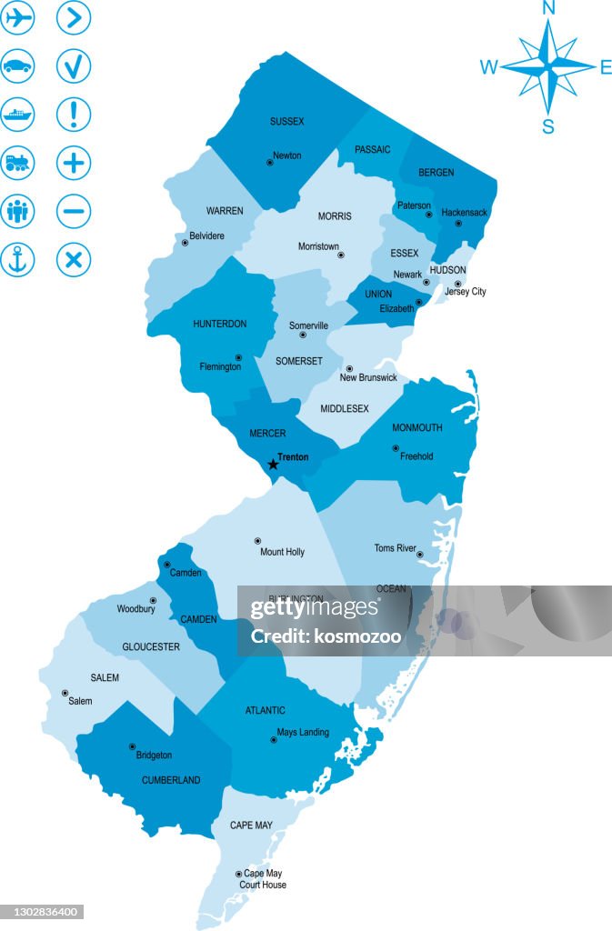 Map of New Jersey with icons and key