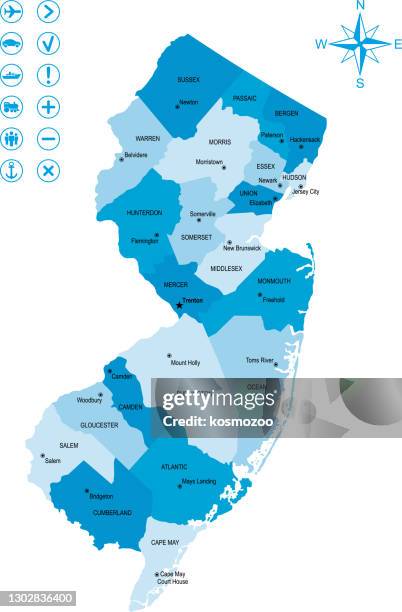 map of new jersey with icons and key - jersey stock illustrations