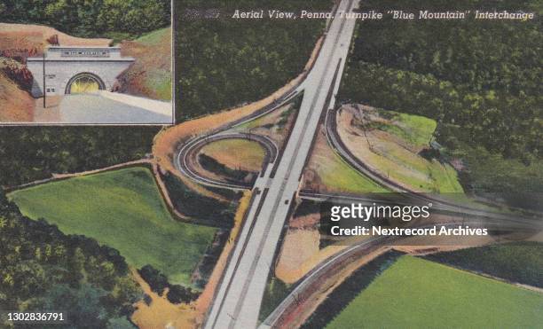 Vintage souvenir linen postcard published circa 1943 in the series, 'Interesting Scenes from the Pennsylvania Turnpike,' depicting an aerial view of...