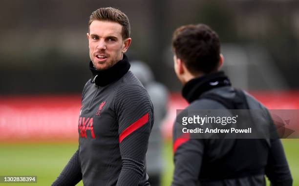 Jordan Henderson captain of Liverpool during a training session at AXA Training Centre on February 18, 2021 in Kirkby, England.