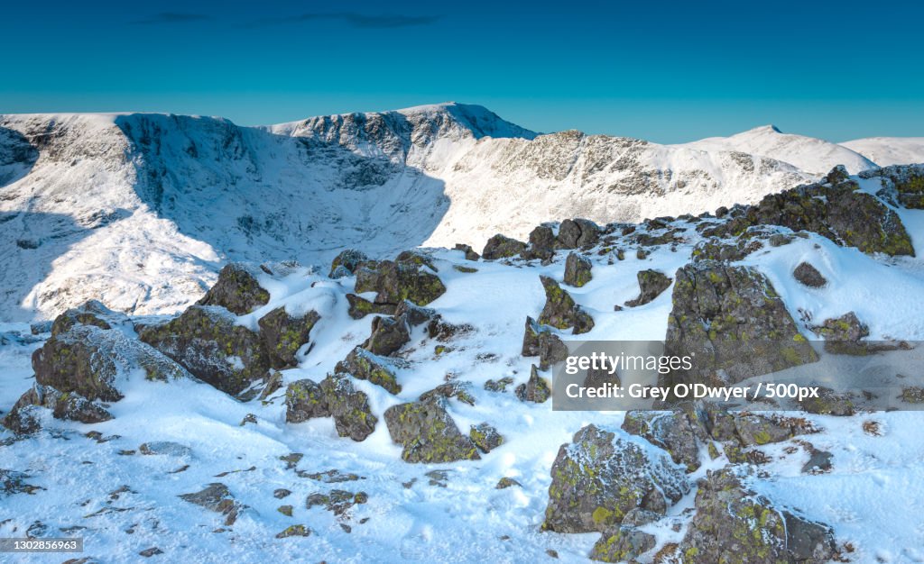 Scenic view of snowcapped mountains against clear blue sky,St Sunday Crag,United Kingdom,UK