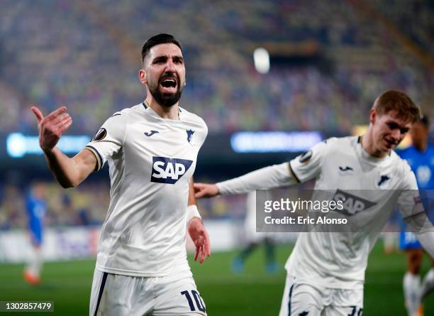 Munas Dabbur of TSG 1899 Hoffenheim celebrates after scoring their sides second goal during the UEFA Europa League Round of 32 match between Molde FK...