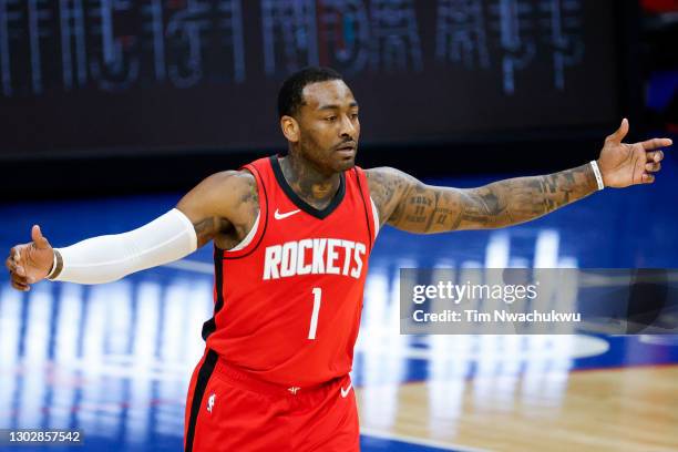 John Wall of the Houston Rockets reacts to a call during the fourth quarter against the Philadelphia 76ers at Wells Fargo Center on February 17, 2021...