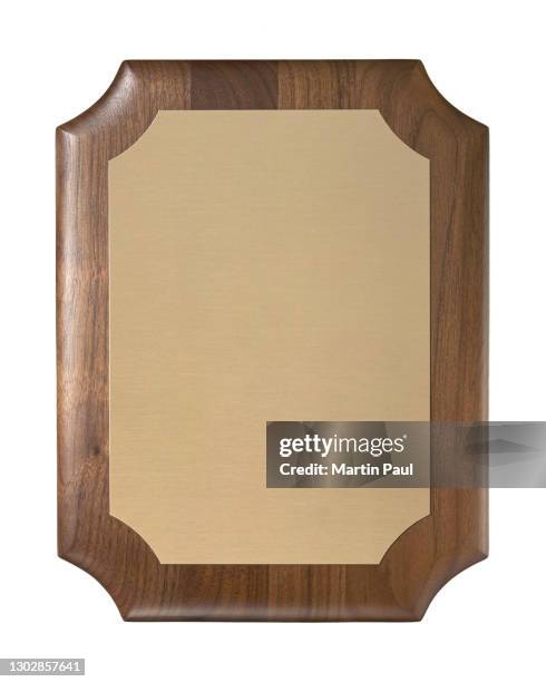 wood blank plaque with brass insert on white background - award plaque stock pictures, royalty-free photos & images