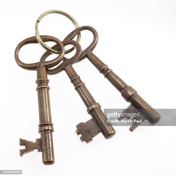 3 skeleton keys om ring cut out on white background - key ring isolated stockfoto's en -beelden