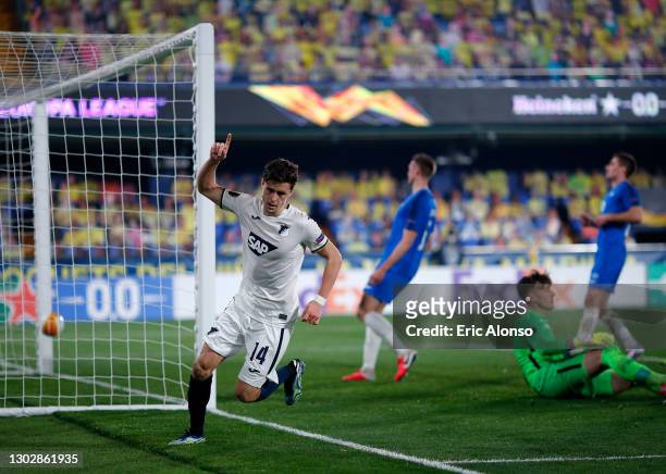Christoph Baumgartner of TSG 1899 Hoffenheim celebrates after scoring their sides third goal during the UEFA Europa League Round of 32 match between...