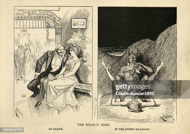 die gesellschaft trug, auf der erde und in der hölle, satirische viktorianische karikatur auf der hölle - demon stock-grafiken, -clipart, -cartoons und -symbole