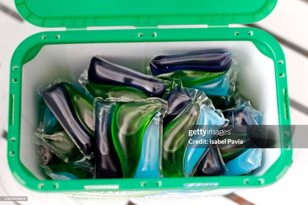 Close-up of soluble washing detergent capsules