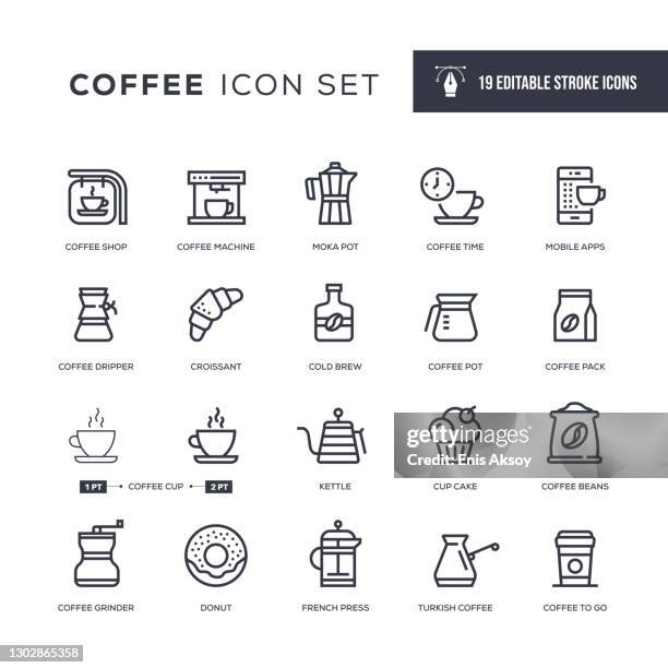 kaffee editierbare strich linie symbole - french press stock-grafiken, -clipart, -cartoons und -symbole