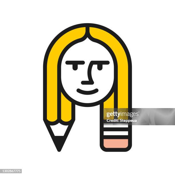 woman face with pencil - yellow pencil stock illustrations