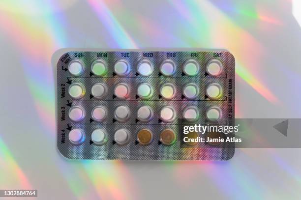 birth control pills with colorful reflections - contraceptive pill stock pictures, royalty-free photos & images