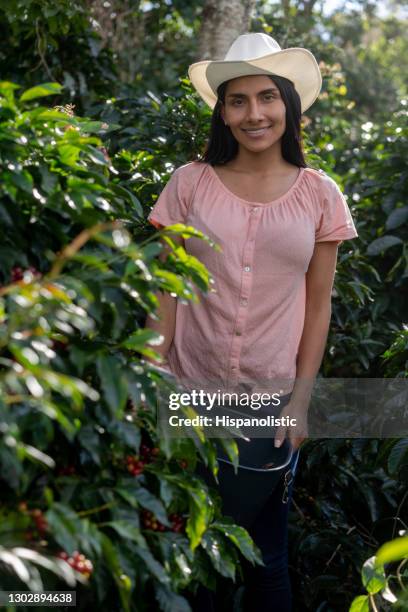 colombian female farmer harvesting the crop at a coffee plantation - colombian culture stock pictures, royalty-free photos & images
