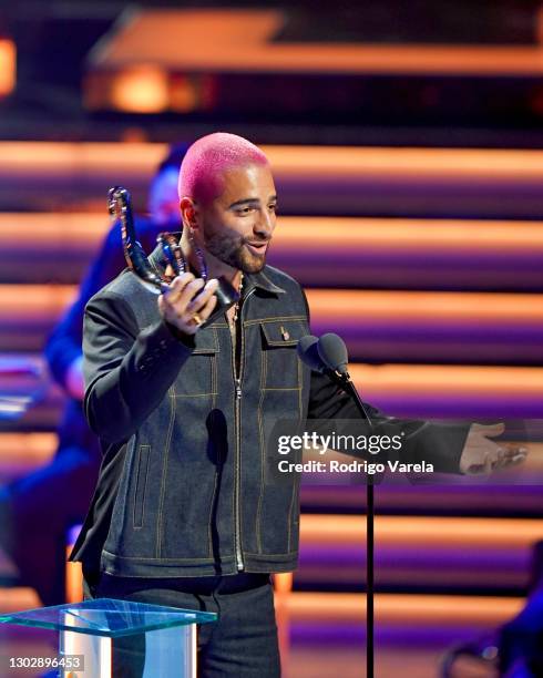 Maluma accepts the award for Pop Song of The Year onstage during Univision's 33rd Edition of Premio Lo Nuestro a la Música Latina at AmericanAirlines...