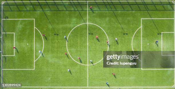 aerial view of football field - soccer pitch fotografías e imágenes de stock